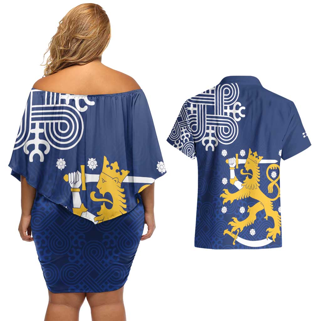 Finland Nordic Lion Couples Matching Off Shoulder Short Dress and Hawaiian Shirt Pride Of Suomi - Wonder Print Shop