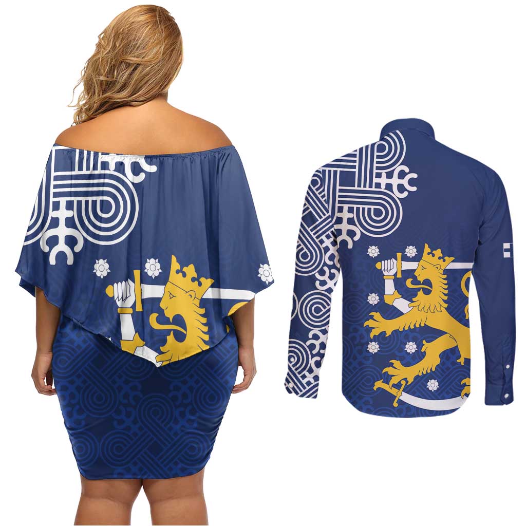Finland Nordic Lion Couples Matching Off Shoulder Short Dress and Long Sleeve Button Shirt Pride Of Suomi - Wonder Print Shop