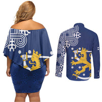 Finland Nordic Lion Couples Matching Off Shoulder Short Dress and Long Sleeve Button Shirt Pride Of Suomi - Wonder Print Shop