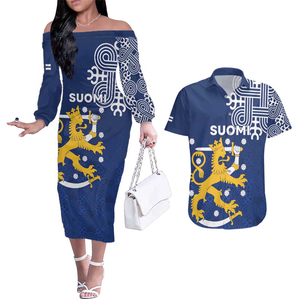 Finland Nordic Lion Couples Matching Off The Shoulder Long Sleeve Dress and Hawaiian Shirt Pride Of Suomi - Wonder Print Shop