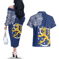 Finland Nordic Lion Couples Matching Off The Shoulder Long Sleeve Dress and Hawaiian Shirt Pride Of Suomi - Wonder Print Shop