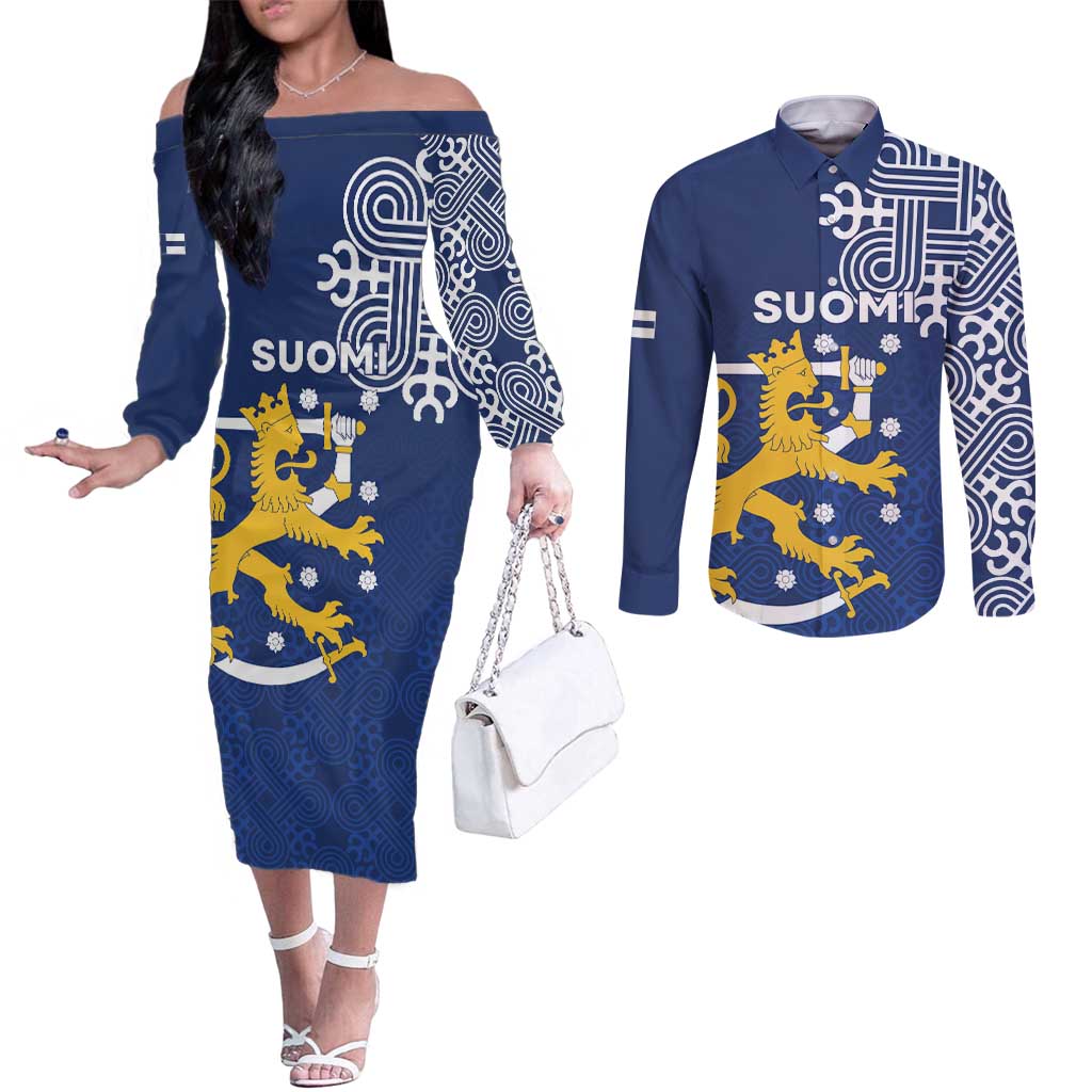 Finland Nordic Lion Couples Matching Off The Shoulder Long Sleeve Dress and Long Sleeve Button Shirt Pride Of Suomi - Wonder Print Shop