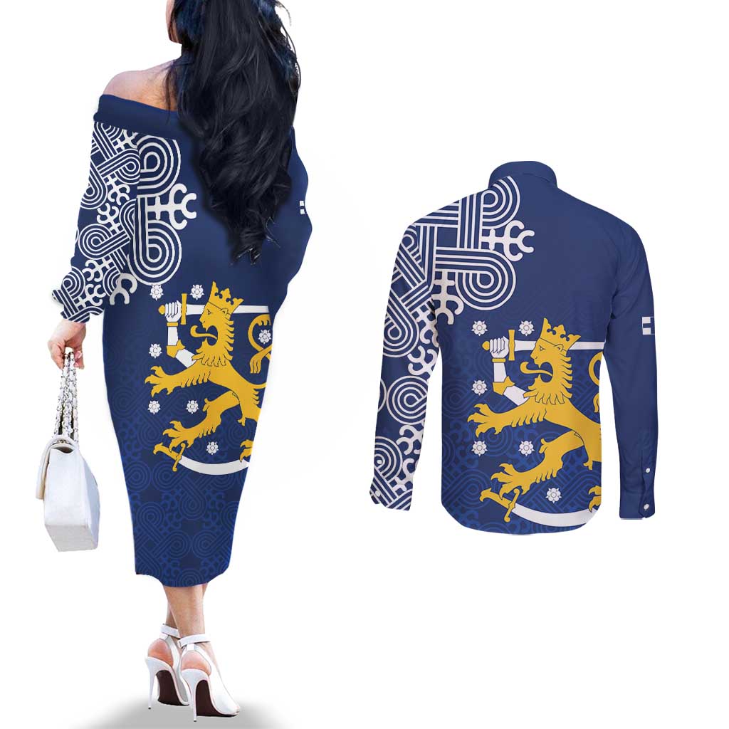 Finland Nordic Lion Couples Matching Off The Shoulder Long Sleeve Dress and Long Sleeve Button Shirt Pride Of Suomi - Wonder Print Shop