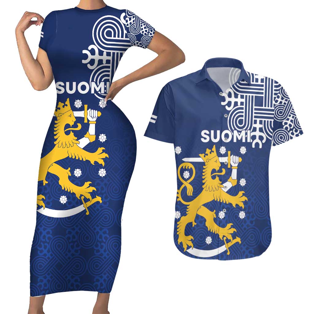 Finland Nordic Lion Couples Matching Short Sleeve Bodycon Dress and Hawaiian Shirt Pride Of Suomi - Wonder Print Shop