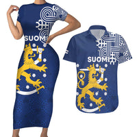Finland Nordic Lion Couples Matching Short Sleeve Bodycon Dress and Hawaiian Shirt Pride Of Suomi - Wonder Print Shop