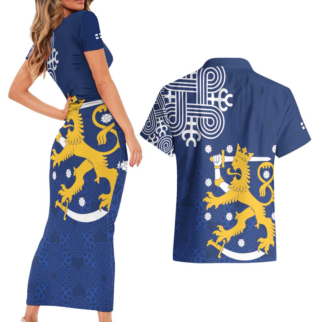 Finland Nordic Lion Couples Matching Short Sleeve Bodycon Dress and Hawaiian Shirt Pride Of Suomi - Wonder Print Shop