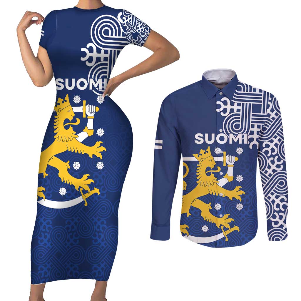 Finland Nordic Lion Couples Matching Short Sleeve Bodycon Dress and Long Sleeve Button Shirt Pride Of Suomi - Wonder Print Shop