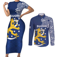 Finland Nordic Lion Couples Matching Short Sleeve Bodycon Dress and Long Sleeve Button Shirt Pride Of Suomi - Wonder Print Shop