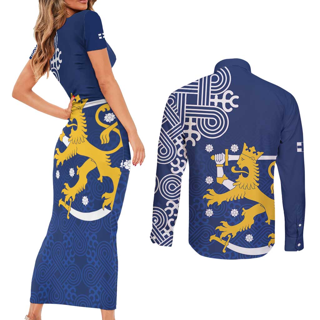 Finland Nordic Lion Couples Matching Short Sleeve Bodycon Dress and Long Sleeve Button Shirt Pride Of Suomi - Wonder Print Shop