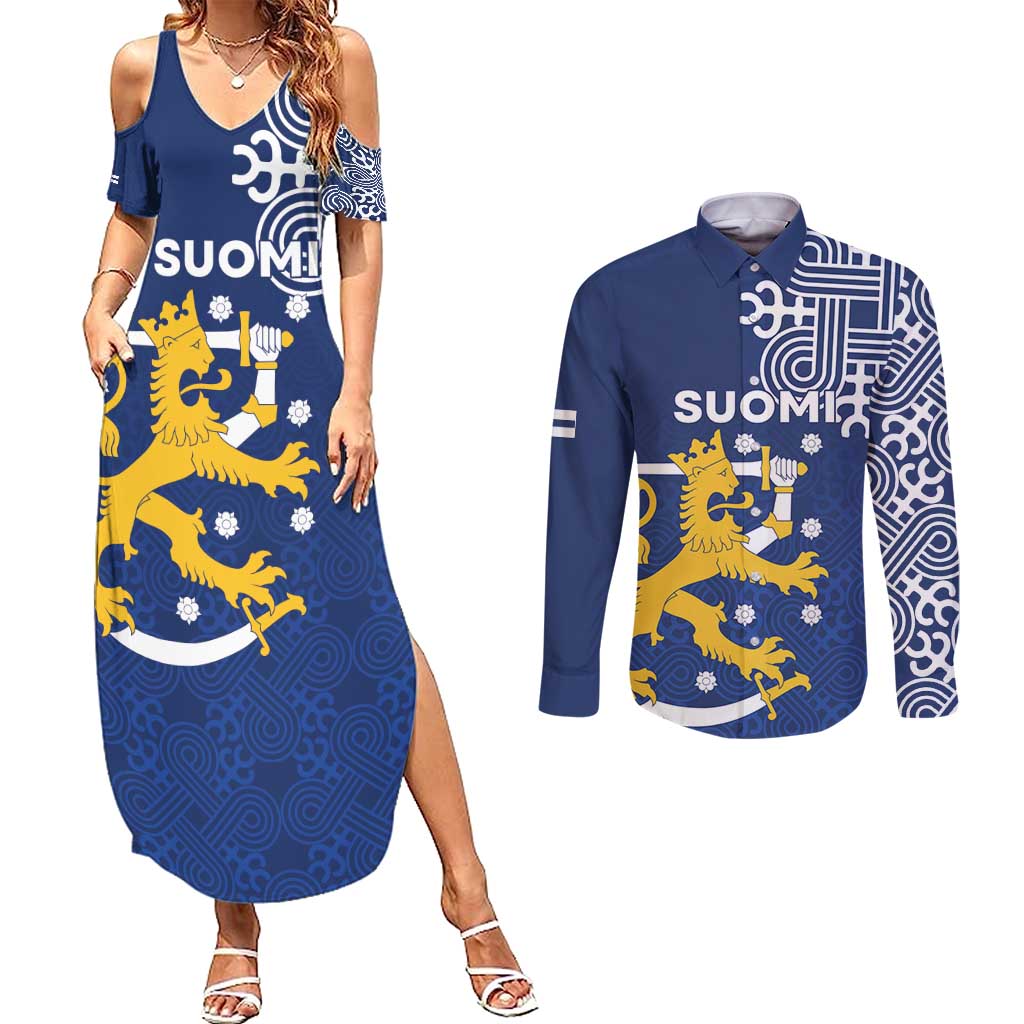 Finland Nordic Lion Couples Matching Summer Maxi Dress and Long Sleeve Button Shirt Pride Of Suomi - Wonder Print Shop