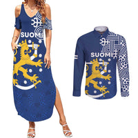 Finland Nordic Lion Couples Matching Summer Maxi Dress and Long Sleeve Button Shirt Pride Of Suomi - Wonder Print Shop