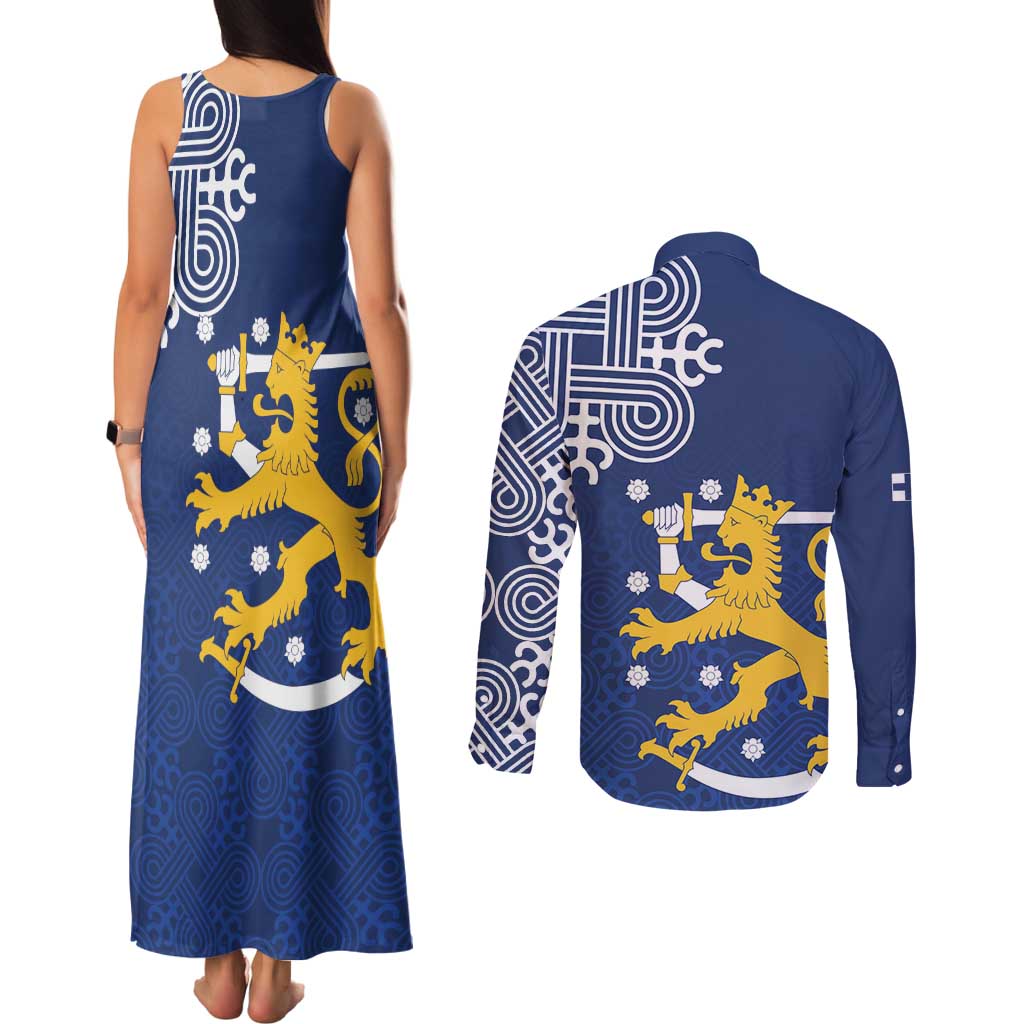 Finland Nordic Lion Couples Matching Tank Maxi Dress and Long Sleeve Button Shirt Pride Of Suomi - Wonder Print Shop
