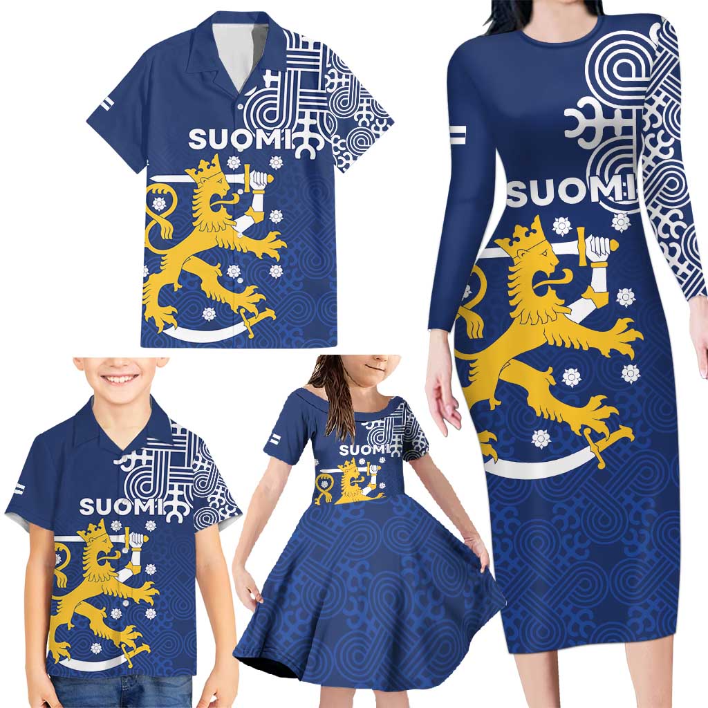 Finland Nordic Lion Family Matching Long Sleeve Bodycon Dress and Hawaiian Shirt Pride Of Suomi - Wonder Print Shop
