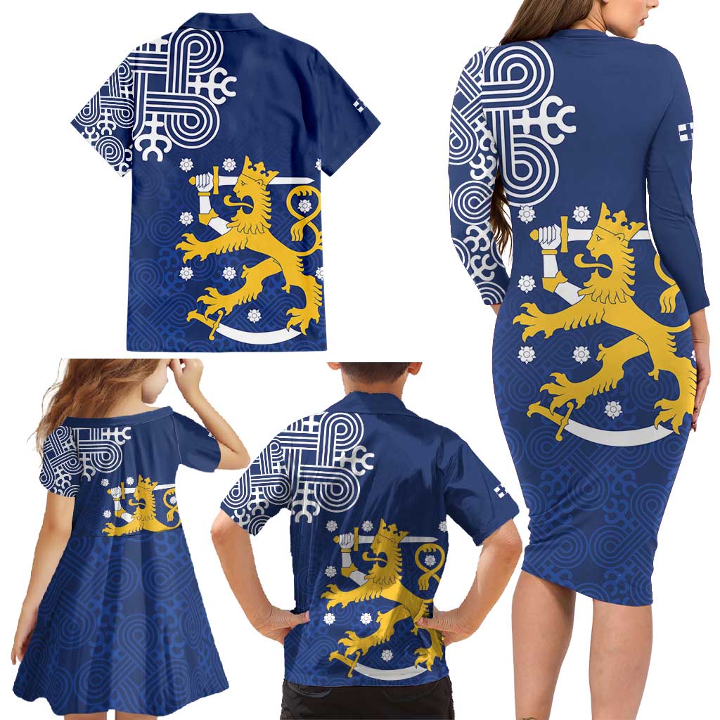 Finland Nordic Lion Family Matching Long Sleeve Bodycon Dress and Hawaiian Shirt Pride Of Suomi - Wonder Print Shop