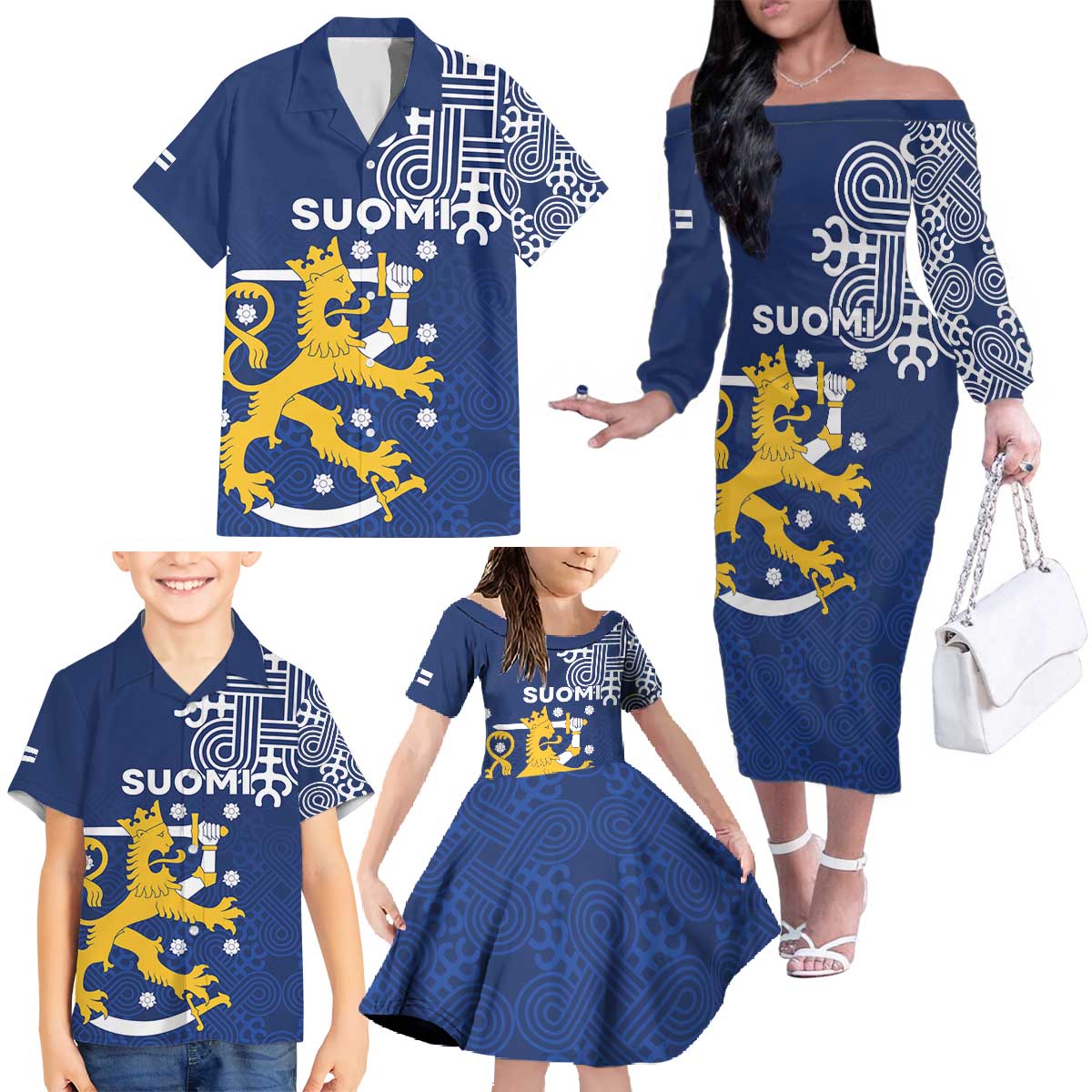 Finland Nordic Lion Family Matching Off The Shoulder Long Sleeve Dress and Hawaiian Shirt Pride Of Suomi - Wonder Print Shop