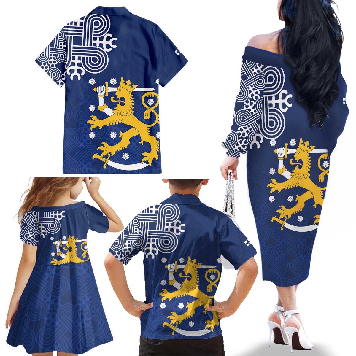 Finland Nordic Lion Family Matching Off The Shoulder Long Sleeve Dress and Hawaiian Shirt Pride Of Suomi - Wonder Print Shop