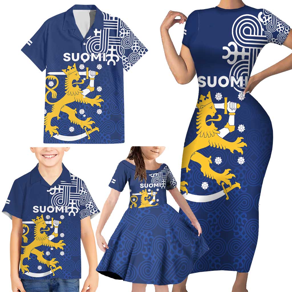 Finland Nordic Lion Family Matching Short Sleeve Bodycon Dress and Hawaiian Shirt Pride Of Suomi - Wonder Print Shop