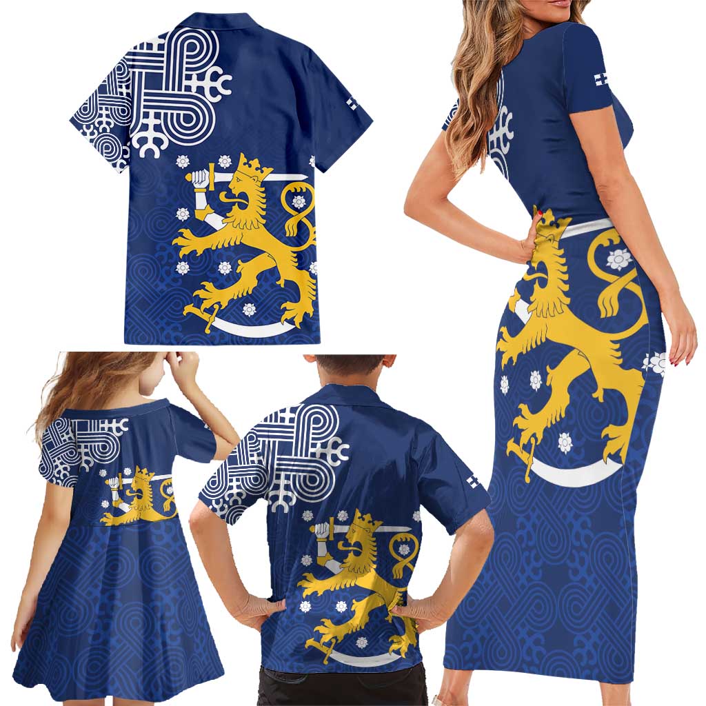 Finland Nordic Lion Family Matching Short Sleeve Bodycon Dress and Hawaiian Shirt Pride Of Suomi - Wonder Print Shop
