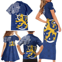 Finland Nordic Lion Family Matching Short Sleeve Bodycon Dress and Hawaiian Shirt Pride Of Suomi - Wonder Print Shop