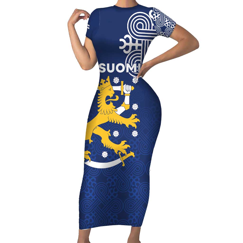 Finland Nordic Lion Family Matching Short Sleeve Bodycon Dress and Hawaiian Shirt Pride Of Suomi - Wonder Print Shop