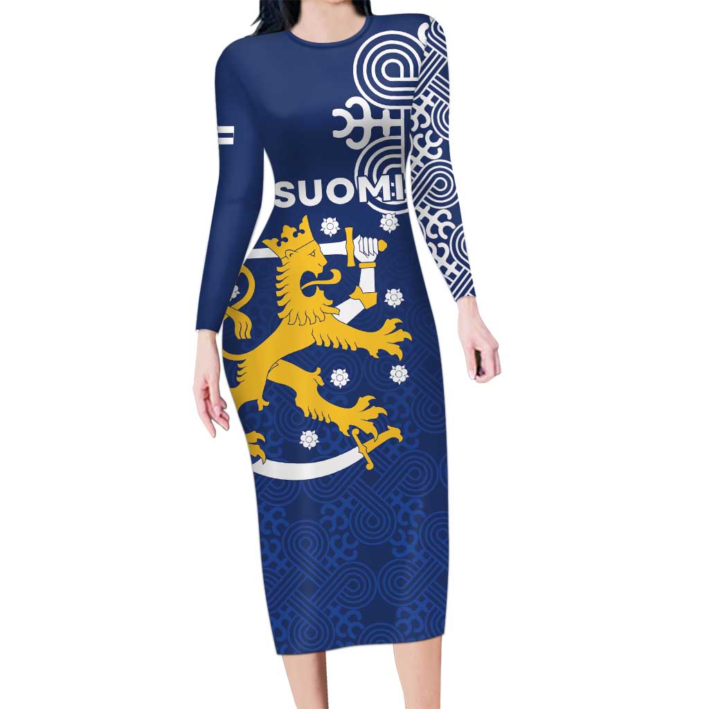 Finland Nordic Lion Long Sleeve Bodycon Dress Pride Of Suomi - Wonder Print Shop