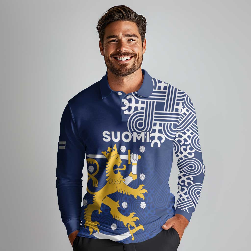Finland Nordic Lion Long Sleeve Polo Shirt Pride Of Suomi - Wonder Print Shop