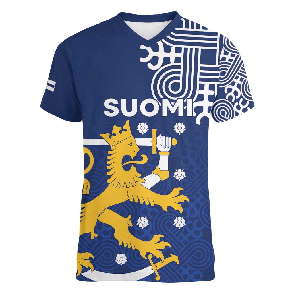 Finland Nordic Lion Women V-Neck T-Shirt Pride Of Suomi - Wonder Print Shop