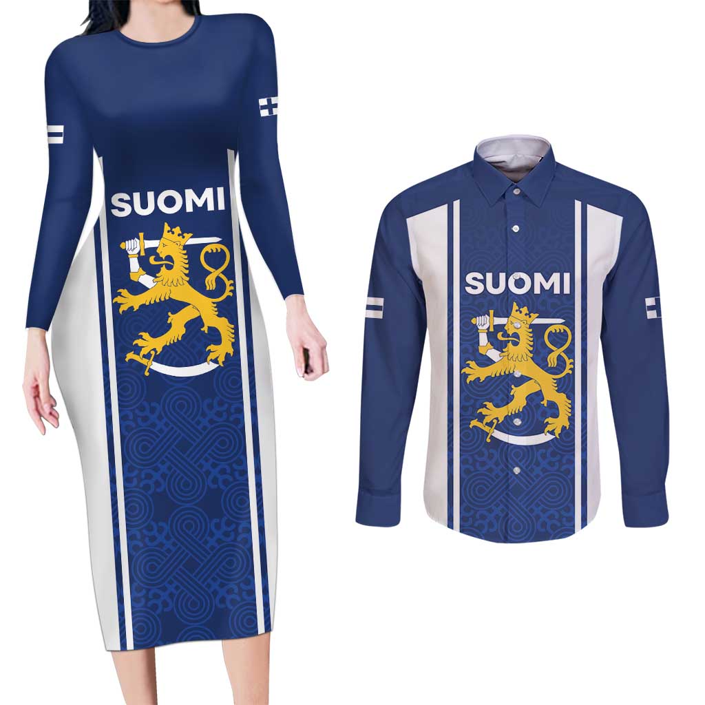 Personalized Finland Suomi Lion Couples Matching Long Sleeve Bodycon Dress and Long Sleeve Button Shirt Pride Of The North - Wonder Print Shop