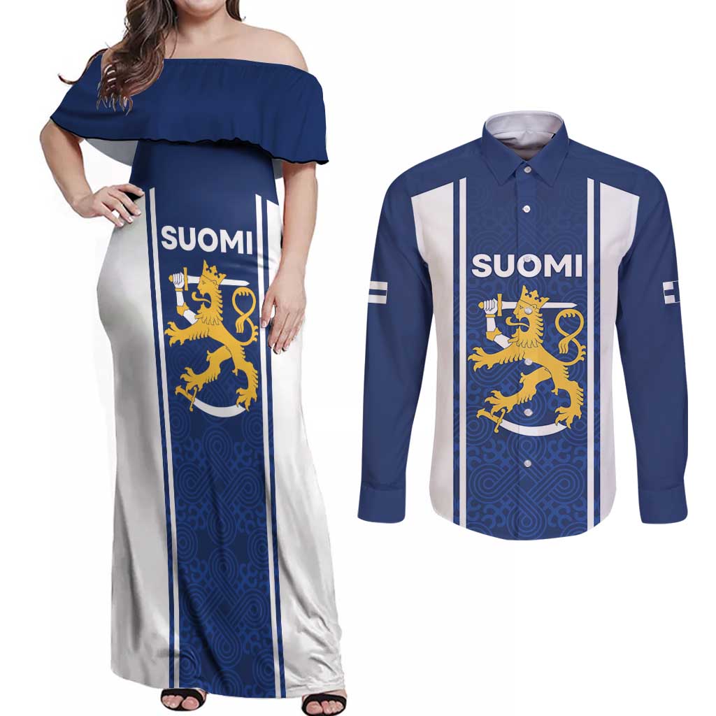Personalized Finland Suomi Lion Couples Matching Off Shoulder Maxi Dress and Long Sleeve Button Shirt Pride Of The North - Wonder Print Shop