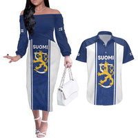 Personalized Finland Suomi Lion Couples Matching Off The Shoulder Long Sleeve Dress and Hawaiian Shirt Pride Of The North - Wonder Print Shop