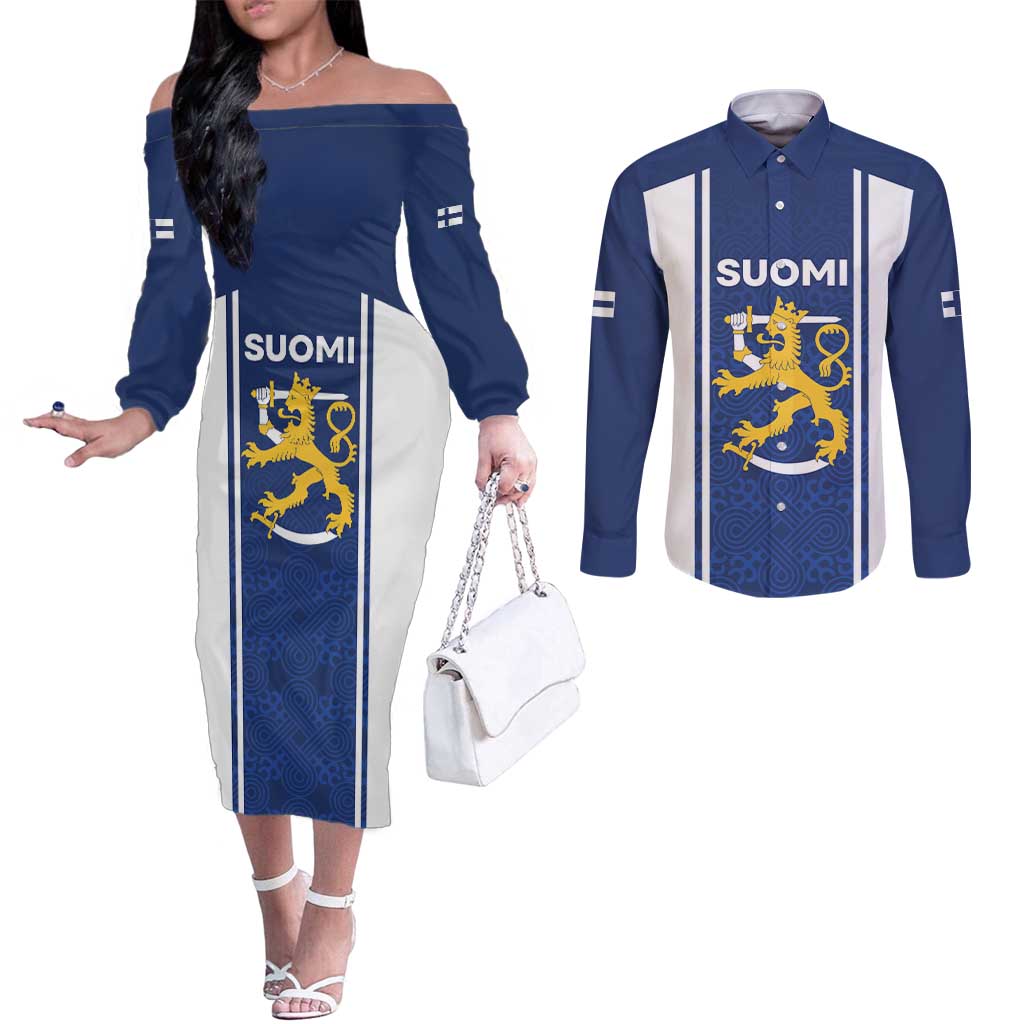 Personalized Finland Suomi Lion Couples Matching Off The Shoulder Long Sleeve Dress and Long Sleeve Button Shirt Pride Of The North - Wonder Print Shop