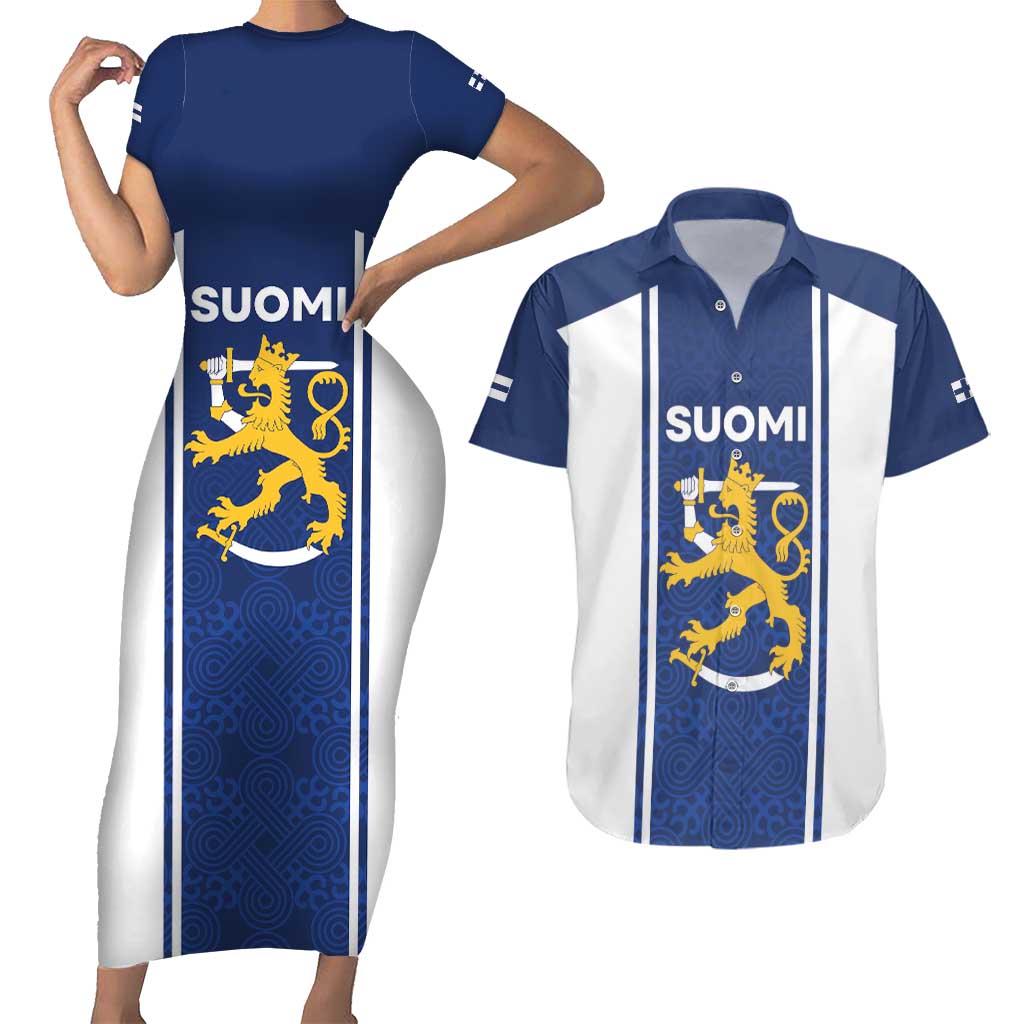 Personalized Finland Suomi Lion Couples Matching Short Sleeve Bodycon Dress and Hawaiian Shirt Pride Of The North - Wonder Print Shop
