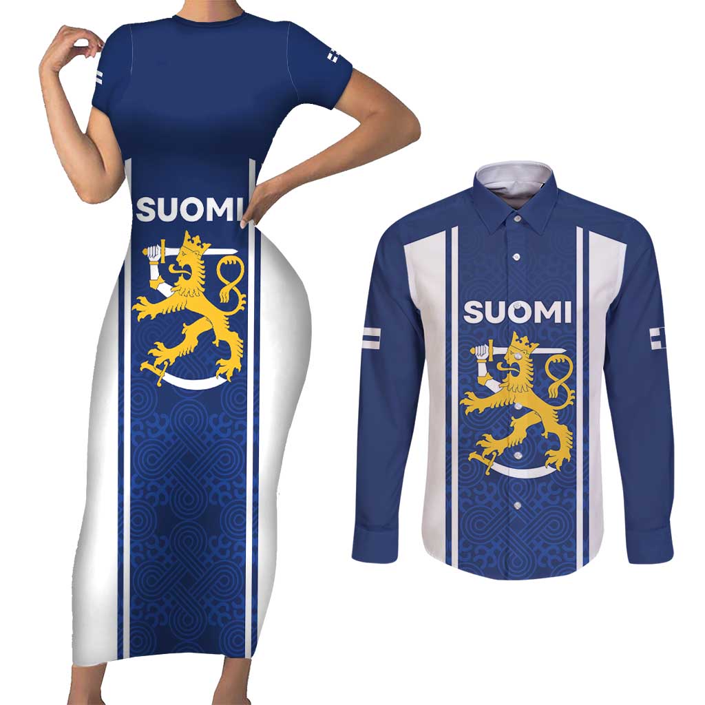 Personalized Finland Suomi Lion Couples Matching Short Sleeve Bodycon Dress and Long Sleeve Button Shirt Pride Of The North - Wonder Print Shop