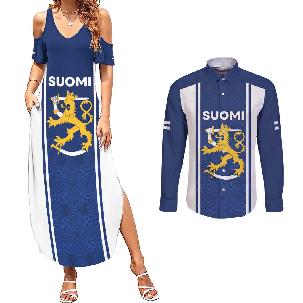 Personalized Finland Suomi Lion Couples Matching Summer Maxi Dress and Long Sleeve Button Shirt Pride Of The North - Wonder Print Shop