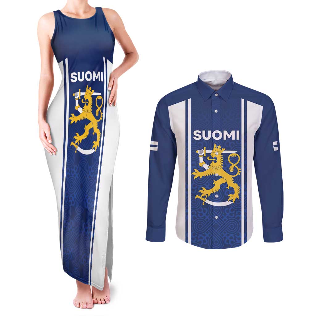 Personalized Finland Suomi Lion Couples Matching Tank Maxi Dress and Long Sleeve Button Shirt Pride Of The North - Wonder Print Shop