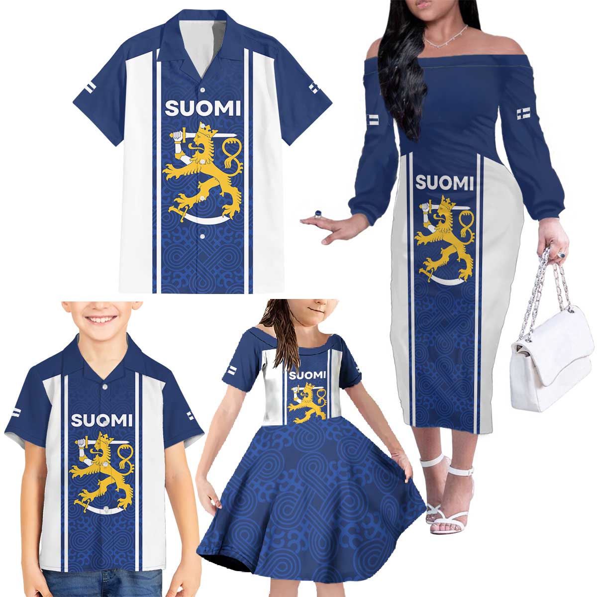 Personalized Finland Suomi Lion Family Matching Off The Shoulder Long Sleeve Dress and Hawaiian Shirt Pride Of The North - Wonder Print Shop
