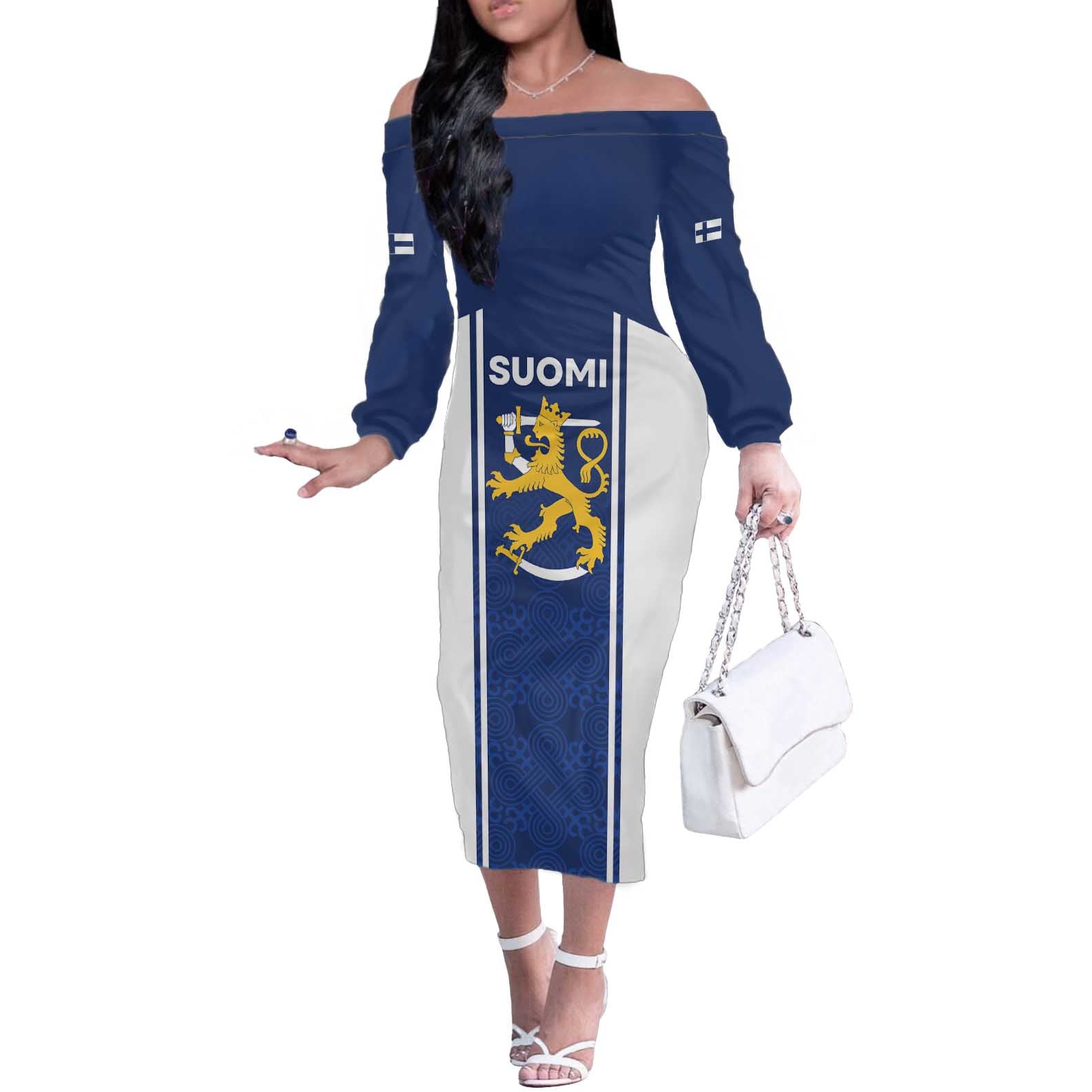 Personalized Finland Suomi Lion Off The Shoulder Long Sleeve Dress Pride Of The North - Wonder Print Shop