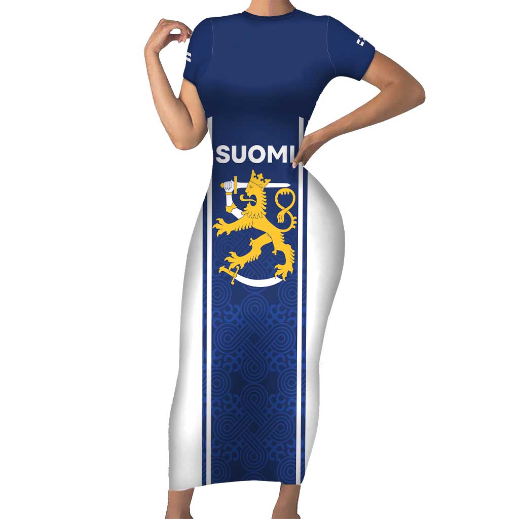 Personalized Finland Suomi Lion Short Sleeve Bodycon Dress Pride Of The North - Wonder Print Shop