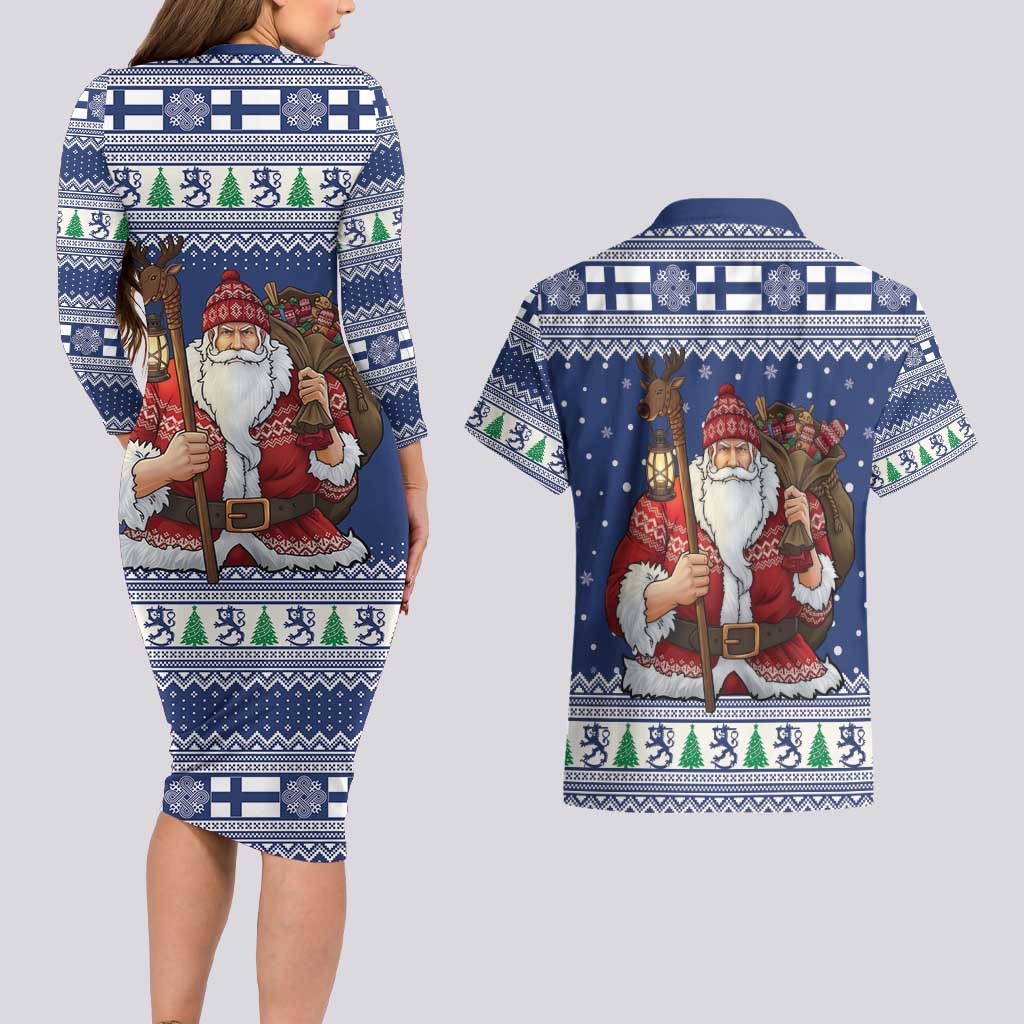 Funny Finland Christmas Couples Matching Long Sleeve Bodycon Dress and Hawaiian Shirt Hauskaa Joulua Joulupukki - Wonder Print Shop
