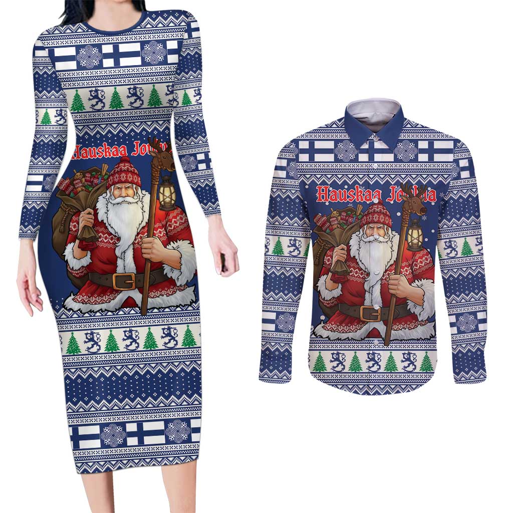 Funny Finland Christmas Couples Matching Long Sleeve Bodycon Dress and Long Sleeve Button Shirt Hauskaa Joulua Joulupukki - Wonder Print Shop