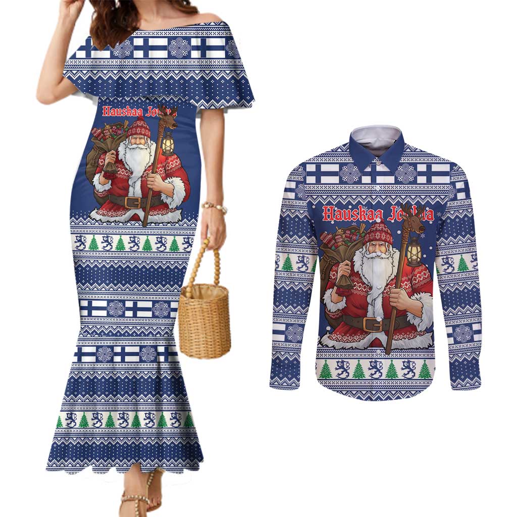 Funny Finland Christmas Couples Matching Mermaid Dress and Long Sleeve Button Shirt Hauskaa Joulua Joulupukki - Wonder Print Shop