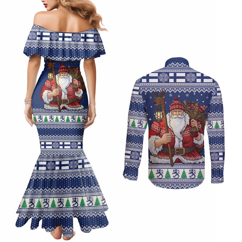 Funny Finland Christmas Couples Matching Mermaid Dress and Long Sleeve Button Shirt Hauskaa Joulua Joulupukki - Wonder Print Shop