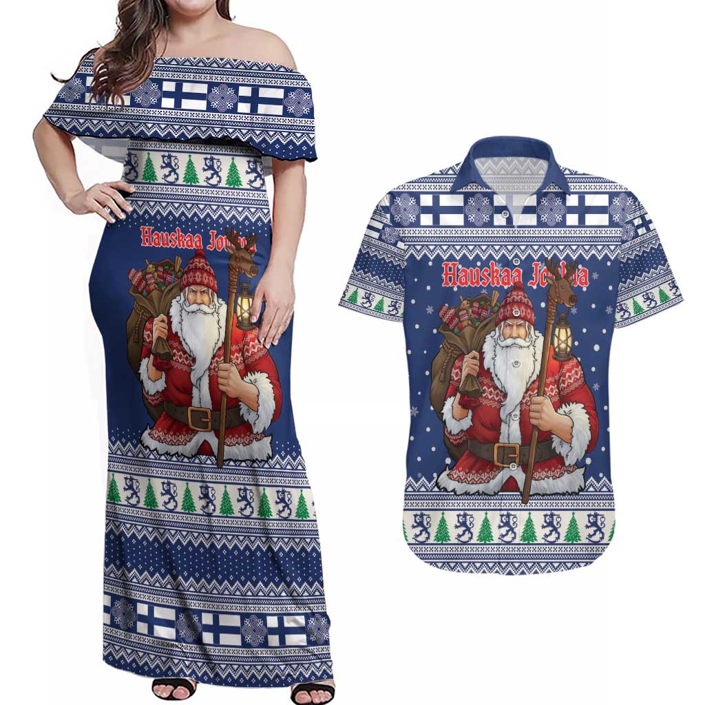 Funny Finland Christmas Couples Matching Off Shoulder Maxi Dress and Hawaiian Shirt Hauskaa Joulua Joulupukki - Wonder Print Shop