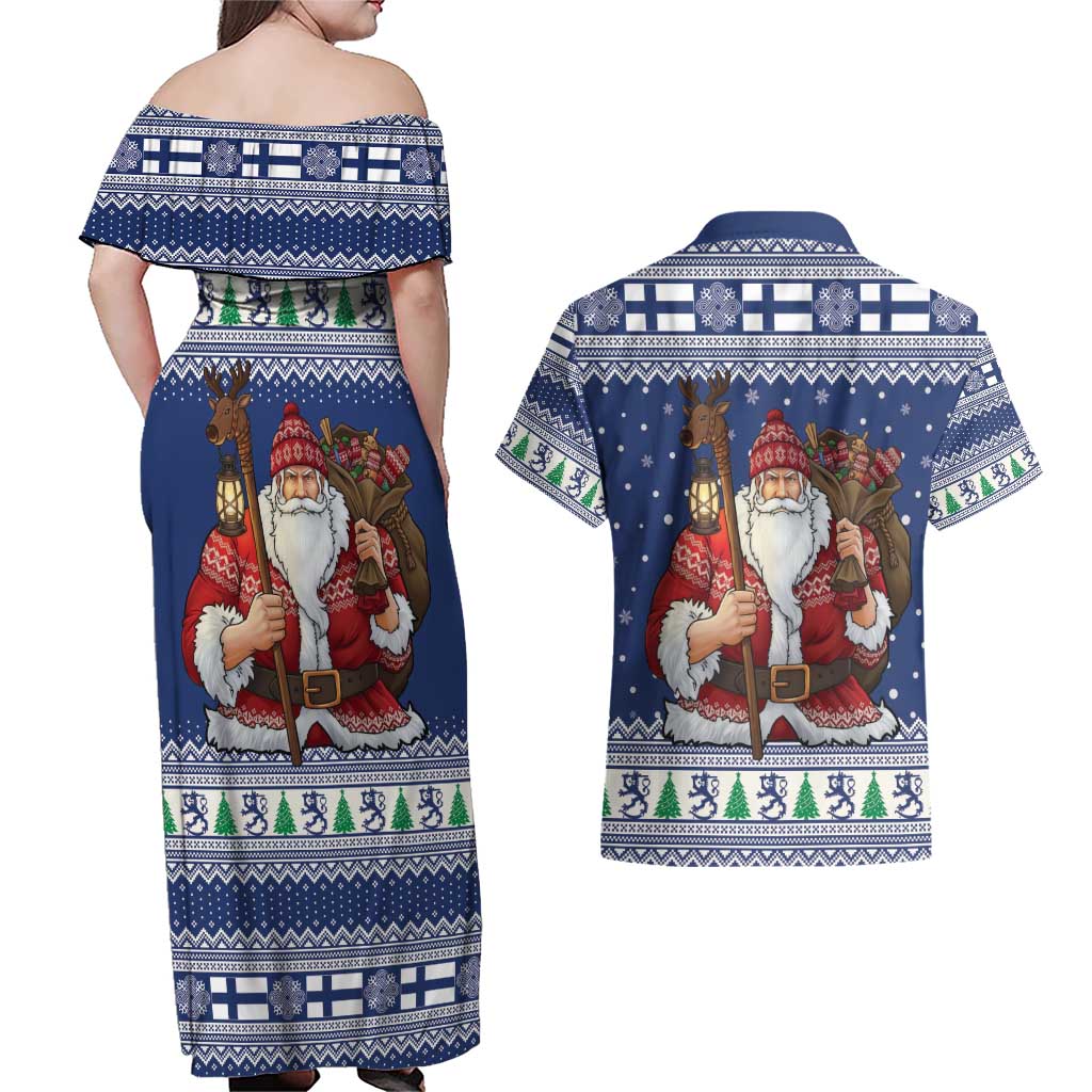 Funny Finland Christmas Couples Matching Off Shoulder Maxi Dress and Hawaiian Shirt Hauskaa Joulua Joulupukki - Wonder Print Shop