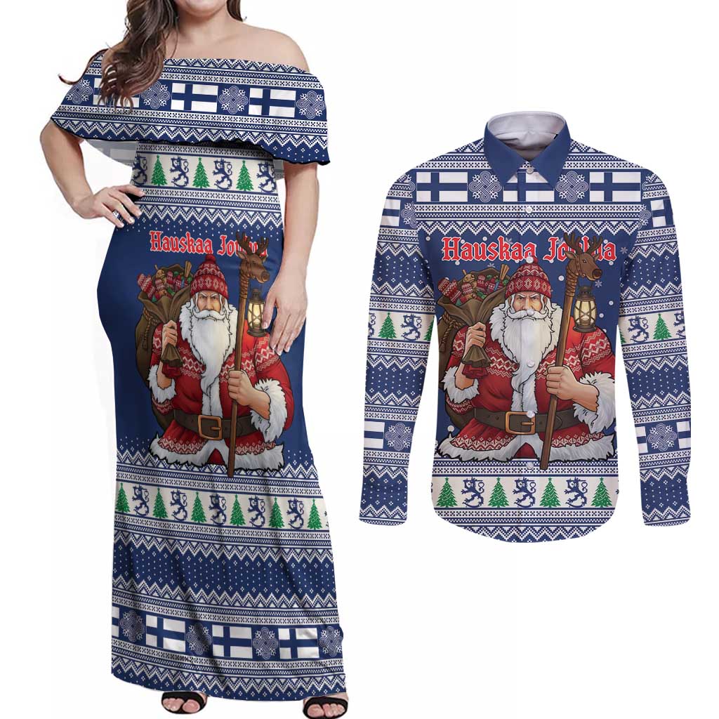 Funny Finland Christmas Couples Matching Off Shoulder Maxi Dress and Long Sleeve Button Shirt Hauskaa Joulua Joulupukki - Wonder Print Shop