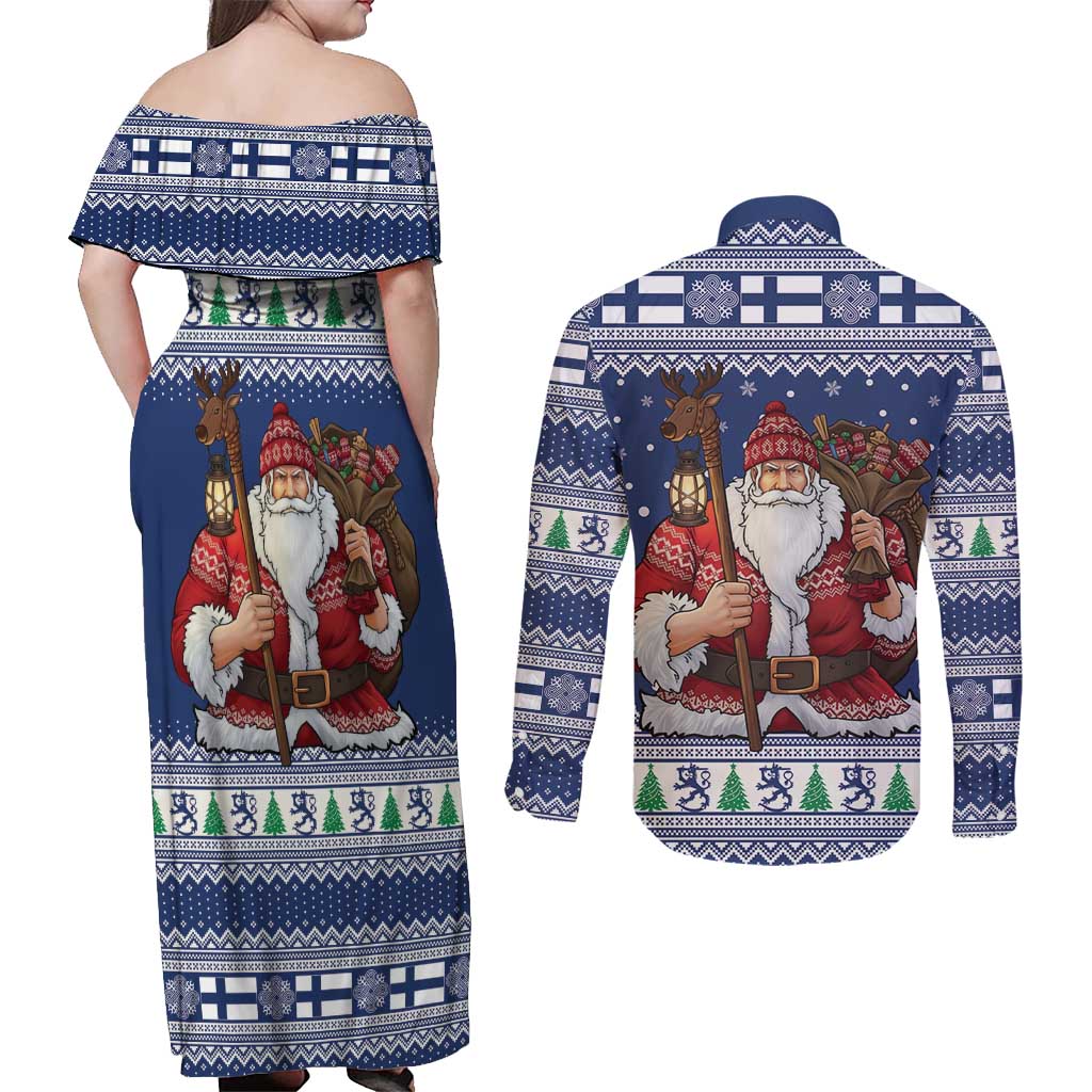 Funny Finland Christmas Couples Matching Off Shoulder Maxi Dress and Long Sleeve Button Shirt Hauskaa Joulua Joulupukki - Wonder Print Shop