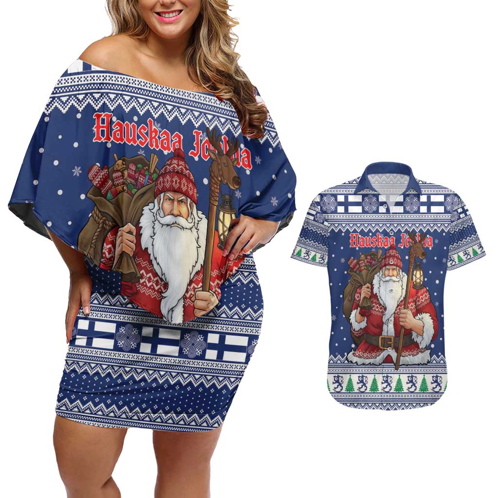 Funny Finland Christmas Couples Matching Off Shoulder Short Dress and Hawaiian Shirt Hauskaa Joulua Joulupukki - Wonder Print Shop