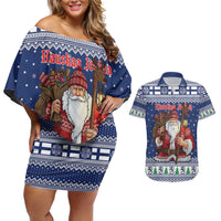 Funny Finland Christmas Couples Matching Off Shoulder Short Dress and Hawaiian Shirt Hauskaa Joulua Joulupukki - Wonder Print Shop