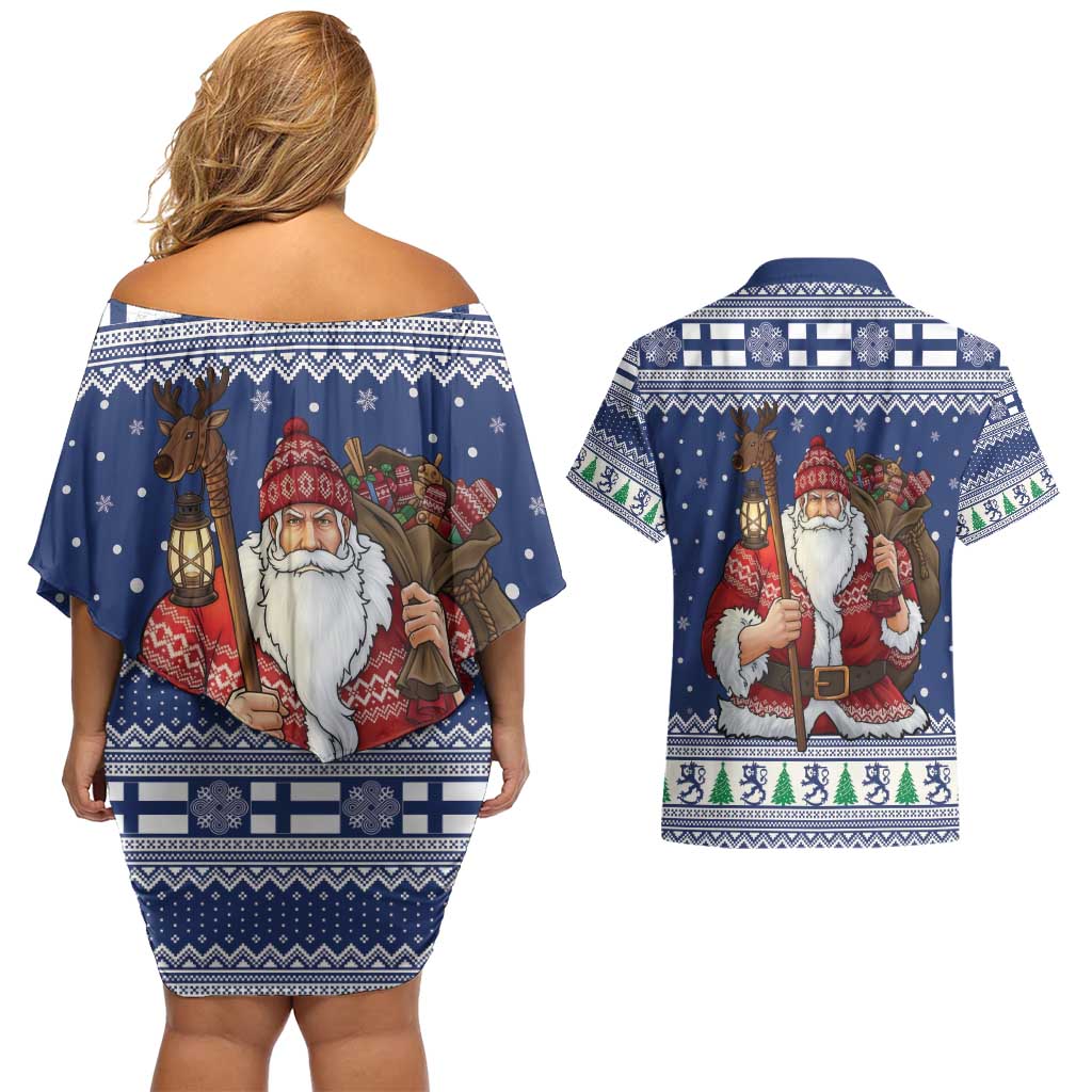Funny Finland Christmas Couples Matching Off Shoulder Short Dress and Hawaiian Shirt Hauskaa Joulua Joulupukki - Wonder Print Shop