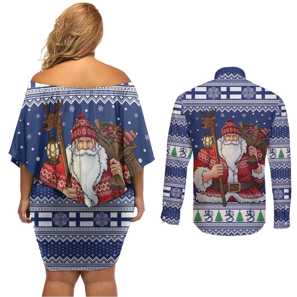 Funny Finland Christmas Couples Matching Off Shoulder Short Dress and Long Sleeve Button Shirt Hauskaa Joulua Joulupukki - Wonder Print Shop